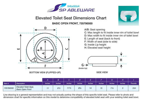 Three Inch Booster Elevated Toilet Seat Riser dimensions chart with detailed measurements and side view.