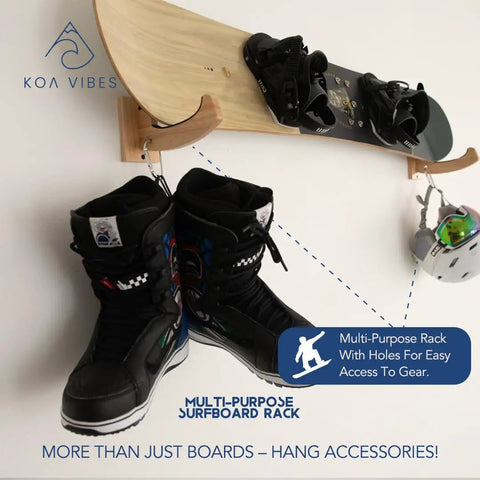 Premium Solid Oak Wood Surfboard Wall Mount Rack With Extra Accessory Hook Holds Surfskateboards Snowboards Wakeboards, displaying snowboard boots.
