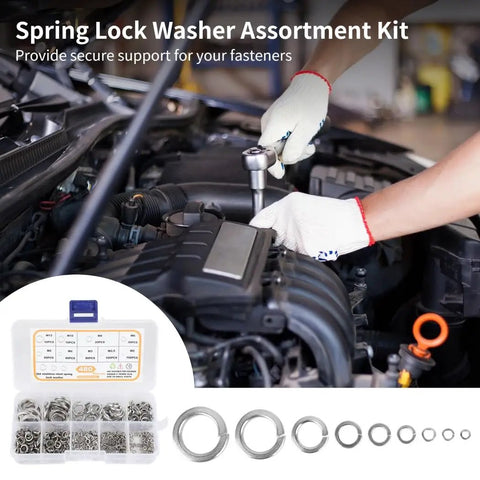 Heavy Duty Pro Grade Spring Lock Washers Kit With 480 Pieces In 9 Sizes, 304 Stainless Steel Split Washers For Car, Furniture, And Home Maintenance, Anti Loosening Design Keeps Fasteners Tight And Rust Free. 304 stainless steel washers in case