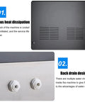 Commercial Electric Ice Shaver Machine With Adjustable Thickness For Snow Cones Slushies Smoothies Milk Tea And Bar Cocktails Stainless Steel Durable And Easy To Clean back view with porous heat dissipation and back drain design features.