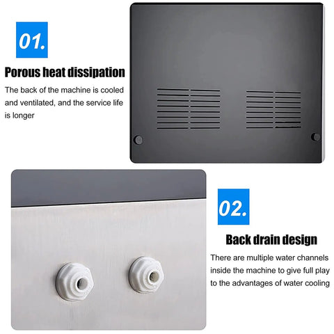 Commercial Electric Ice Shaver Machine With Adjustable Thickness For Snow Cones Slushies Smoothies Milk Tea And Bar Cocktails Stainless Steel Durable And Easy To Clean back view with porous heat dissipation and back drain design features.