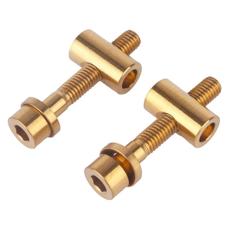 Hella Durable Grade Five Titanium M5x30mm Bolts With Smooth Flat Washers And Secure Hex Nuts Offering Badass Strength And Lightweight Performance For Cycling Seatposts In Shiny Gold.