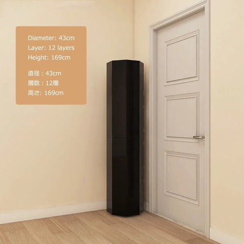 Toss Sneaker Chaos At The Door With This Sleek Rotating Shoe Rack, 43cm diameter, 169cm tall, black cabinet in corner.
