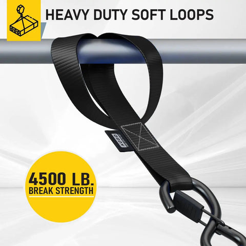 Heavy Duty Soft Loop Tie Down Straps 6 Pack 1500 Pound Working Load 4500 Pound Break Strength close-up on soft loop and hook.