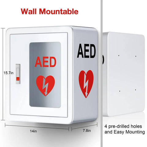 Rock Solid Steel Wall Mount AED Cabinet With No Fuss Snap Lock Door And Clear Acrylic Panel For Quick Grab Emergency Access Compatible With All Major Defib Brands Built To Handle Any Public Spot, shown from side with dimensions.