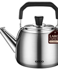 Front view of Stainless Steel Whistling Tea Kettle For Gas And Induction Stovetops, 304 Food Grade, Large 4L Capacity displayed with tag