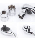 Heavy Duty Car Repair Socket Wrench Drive Head Kit With 3 8 Inch Quick Release Drive chrome finish wrench and two sockets.