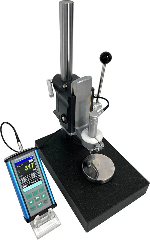 Solid Gold Portable Ultrasonic Hardness Tester With Robust Stand And Precision Probe positioned on a stable black base.