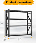 Heavy Duty Warehouse Shelving 4 Tier Industrial Steel Storage Rack With Adjustable Levels For Garage And Factory Commercial Use 2600 Pound Load Capacity Per Shelf, dimensions 71" x 24".