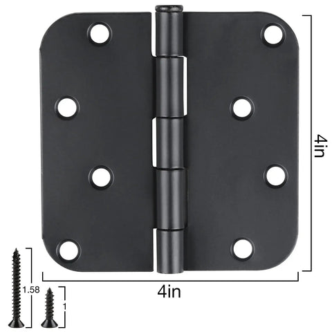 Close-up of 4 inch matte black door hinge with screws, showcasing 12 Pack Matte Black Door Hinges 4 Inch 5/8 Radius Plain Bearing Heavy Duty Workhorse With 270 Degree Rotation Includes 96 Extra Long Screws For Interior Doors Drawers Dressers Wardrobe.
