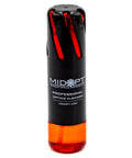 MidOpt Professional Optics Cleaner bottle, black body with orange base and red microfiber cloths visible.