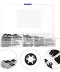 Internal Tooth Lock Washers Set, 340 Pcs Black Assortment Kit in open case showing 7 sizes of locking washers