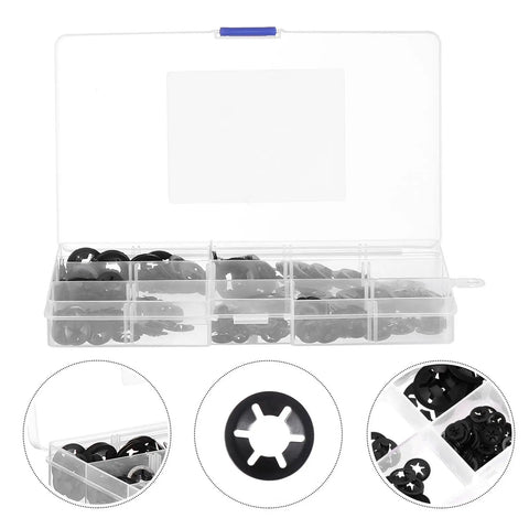 Internal Tooth Lock Washers Set, 340 Pcs Black Assortment Kit in open case showing 7 sizes of locking washers