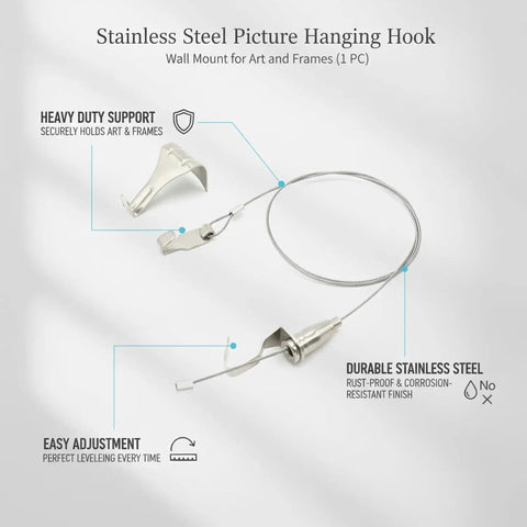Bulletproof Stainless Steel Picture Hanging Hook For Heavy Duty Wall Mounting with cable and hook design, ideal for tight photo display.