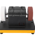 Cordless Mini Bench Grinder With Variable Speed Settings And Twin Grinding Discs front view, compact size, dual grit discs for polishing.