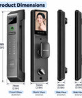 Heavy Duty Smart Lock With Slick Face And Fingerprint Scanner Keypad Deadbolt showing product dimensions and views.
