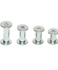 Thirty Piece Set Of Hella Sturdy Stainless Steel Chicago Screws For Rock Solid Leather Crafting and Bookbinding Gear With A Slick Polish and Tough Built to Last Performance Plus Easy Install Feature, showing different sizes.