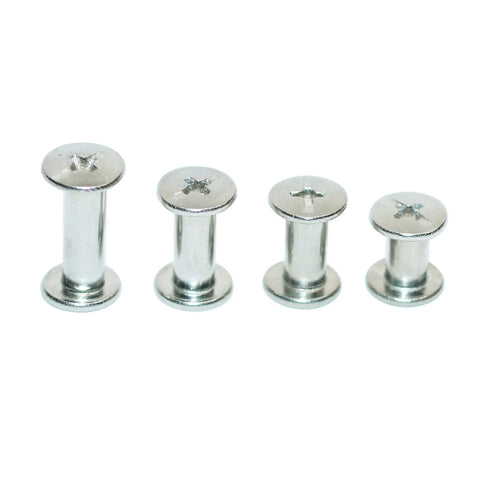Thirty Piece Set Of Hella Sturdy Stainless Steel Chicago Screws For Rock Solid Leather Crafting and Bookbinding Gear With A Slick Polish and Tough Built to Last Performance Plus Easy Install Feature, showing different sizes.