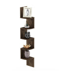 Total Game Changer Corner Wall Shelves Five Tier Floating Storage Rack With Trendy Zigzag Design Columbia Walnut Finish, displaying decor items.