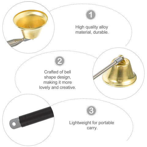 Close-up of the bell-shaped copper snuffer top attached to a black telescopic handle for Telescopic Candle Fire Extinguisher With Extensible Copper Wick Snuffer For Home Safety Built Tough Flame Suppressant No Fuss Quick Draw Design Solid Xmas Gift For Any House.