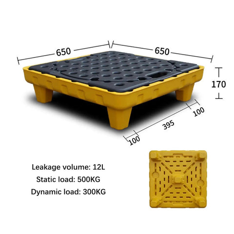 Anti Slip Oil Spill Containment Tray For Workshops And Garages, Durable polyethylene platform with dimensions and load capacities shown.