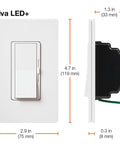 Super Sleek LED Dimmer Switch Compatible With Single Pole Or Three Way Wiring front and side view with dimensions.