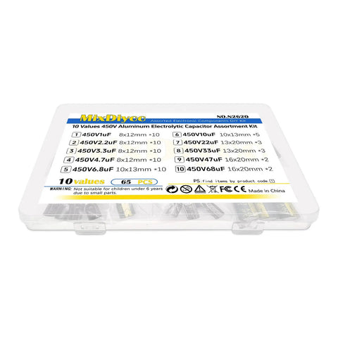 Top Shelf 450V Aluminum Electrolytic Capacitor Kit 65 Pieces Covering One Uf To SixtyEight Uf in clear storage case.