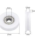 Rock Solid U Groove Ball Bearing Set With Smooth Rolling GCR15 Chrome Steel Balls For 6 X 27 X 7mm Pom Roller Wheels, side and top view.