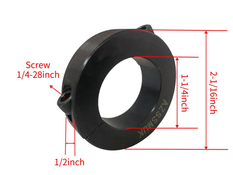 Angled view of double-split shaft collar, bore 1-1/4 in, black oxide with set screws, for machinery (2 pieces)