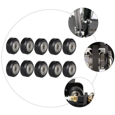 10 Piece Black Plastic V Groove Ball Bearing Wheels For 3D Printer, arranged in a row showcasing smooth edges and oiled bearings.