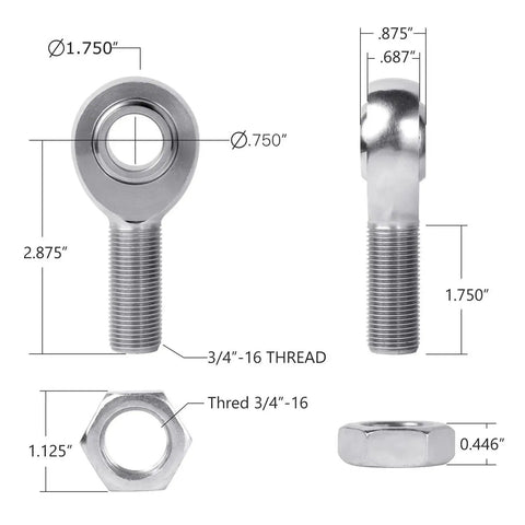 Beefy Chromoly Heim Joint Rod End Kit For Fluid Linkage Systems with precision threads and dimensions displayed.