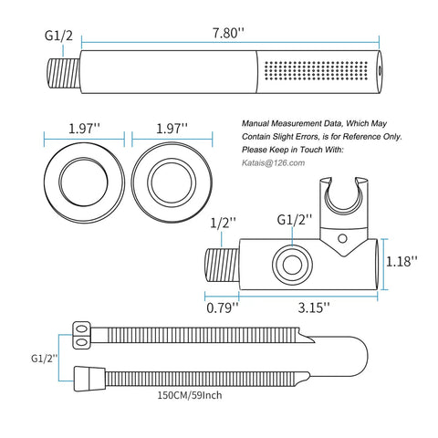 Technical diagram of Brushed Nickel Dual Modes Brass Shower Wand High Pressure 7 Inch Handheld Shower Head Sprayer with measurements.