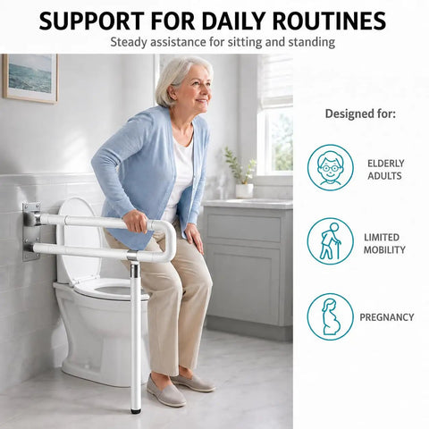 Dang Sturdy Flip Up Toilet Safety Handle With Floor Base Stand For Seniors And Rough Days crafted from thick stainless steel for assistance.