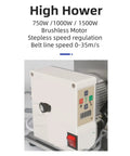 Control panel of Compact Workhorse 1500W Brushless Belt Sander with variable speed dial and power switch.