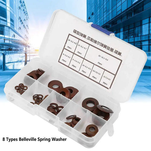 Beefy Belleville Compression Spring Disc Washer With Variable Stiffness For High Load Clutches Valves And Precision Machinery Compact Shock Absorber Energy Storage And Vibration Damping For Industrial Use, 8-size kit in plastic case