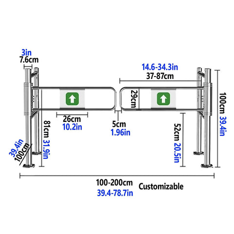 Diagram of Rock Solid Automatic Swing Gate With Spring Self Closing Mechanism Heavy Duty Security Barrier dimensions and features.
