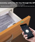Keyless Smart Bluetooth Cabinet Lock Phone App Control One Touch Open Straight Up Secure Storage For Filing Cabinets And Wardrobes shown with smartphone unlocking drawer.