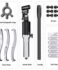 Components of Beefy 50T Bearing Puller Separator With Adjustable 2 Or 3 Jaw Mechanism, including rings, hooks, pump, handle, screws, tabs