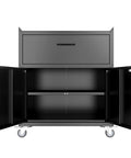 35 Inch Adjustable Shelf Tool Storage Cabinet With Rollin Smooth Locking Casters And Locked Tight Heavy Duty Frame For Professional Garage Workspace Setup In Deep Matte Black, open front view.