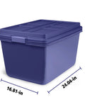 Built Tough 18 Gallon Storage Bins 2 Pack Stackable Heavy Plastic Containers in blue with dimensions showing size.