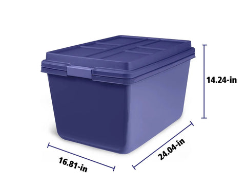 Built Tough 18 Gallon Storage Bins 2 Pack Stackable Heavy Plastic Containers in blue with dimensions showing size.