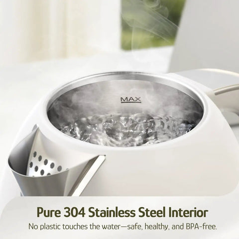 Close-up of a 1.7L Electric Kettle With Stainless Steel Interior, BPA-Free, 1200W Fast Boil, Pearl White with steam inside