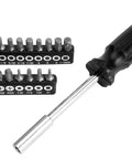 Versatile SAE and Metric Multi Use DIY Ready Tool Set With 119 Pieces In A Durable Plastic Toolbox Case For Home Repairs And Auto Projects With Ratchet Sockets Pliers Wrenches Screwdrivers Bits And More featuring screwdriver with interchangeable bits.