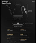 Technical diagram of Gooseneck Electric Kettle With 1 Degree Temperature Control 1500W Fast Heating Pour Over Coffee And Tea Kettle With Brew Timer And Keep Warm Stainless Steel 0.9L Barista Grade Delacroix Green, showing dimensions and specifications including width, height, power, and capacity.