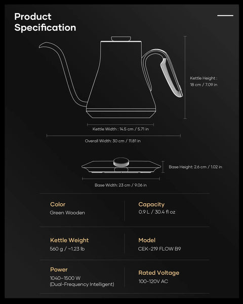 Technical diagram of Gooseneck Electric Kettle With 1 Degree Temperature Control 1500W Fast Heating Pour Over Coffee And Tea Kettle With Brew Timer And Keep Warm Stainless Steel 0.9L Barista Grade Delacroix Green, showing dimensions and specifications including width, height, power, and capacity.
