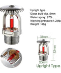 Kick Ass Brass Fire Sprinkler Heads 5 Pack 155F Upright Design Red Glass Bulb with dimensions and specs displayed.