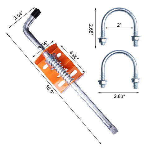 Heavy Duty Gate Anchor Cane Bolt 18 Inch Drop Rod with zinc plated steel and bracket, shown with U-bolts for secure installation.