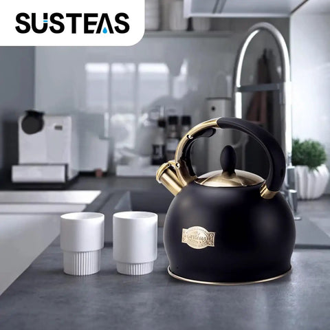 Stove Top Whistling Tea Kettle 2.64 Quart With Food Grade Stainless Steel Teakettle And No Sweat Cool Touch Ergonomic Handle, Black Finish