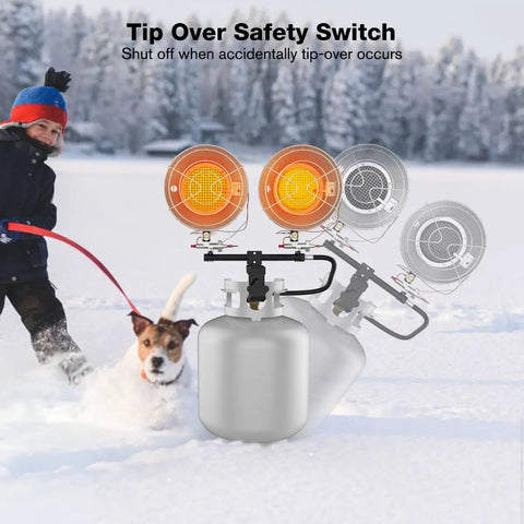 Portable Propane Tank Top Heater With Tip Over Protection Dual Burners And Three Adjustable Heat Settings Up To 30000 BTU shown in snowy outdoor use with dog and child