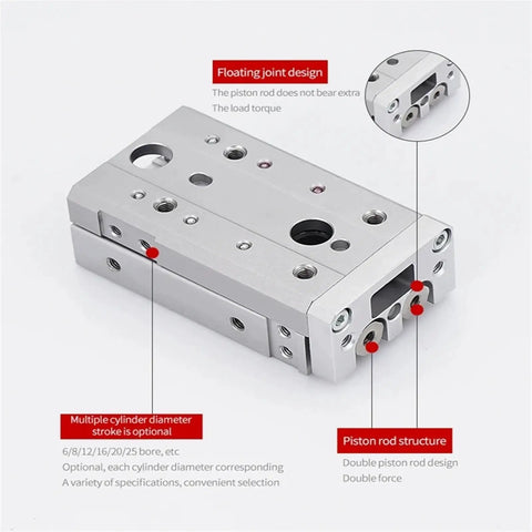 Heavy Duty Pneumatic Slide Cylinder With Straight Guide Track For Precision Motion Control And A Totally Badass Air Powered Linear Actuator That Delivers Pure Slick Smooth Performance Daily Right Now, showing piston rod structure and floating joint design.